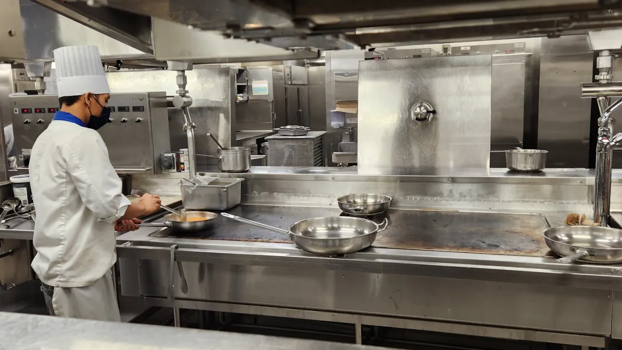 Chef working a stainless-steel commercial kitchen line